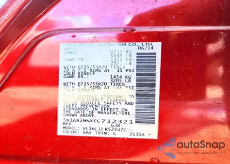 2014 Nissan Pathfinder z USA, uszkodzony, nr VIN 5N1AR2MNXEC712321